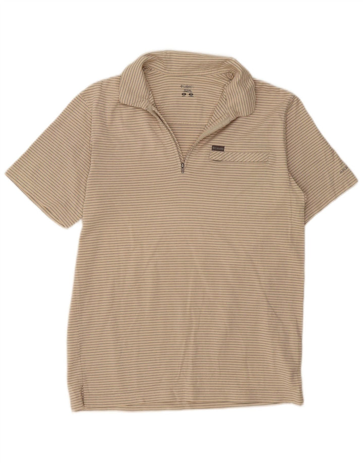 Columbia Mens Polo Shirt Medium Beige Striped Cotton