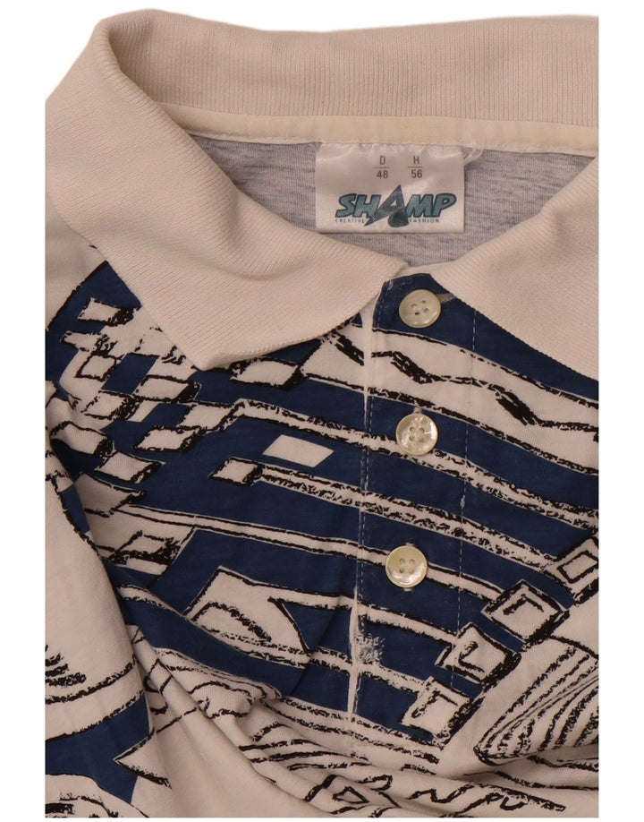 SHAMP Mens Graphic Polo Shirt EU 48 Medium White Geometric Cotton