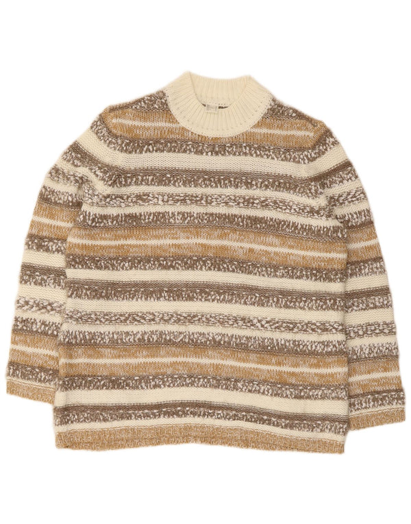 Vintage Womens Turtle Neck Jumper Sweater UK 16 Large Beige Striped Acrylic