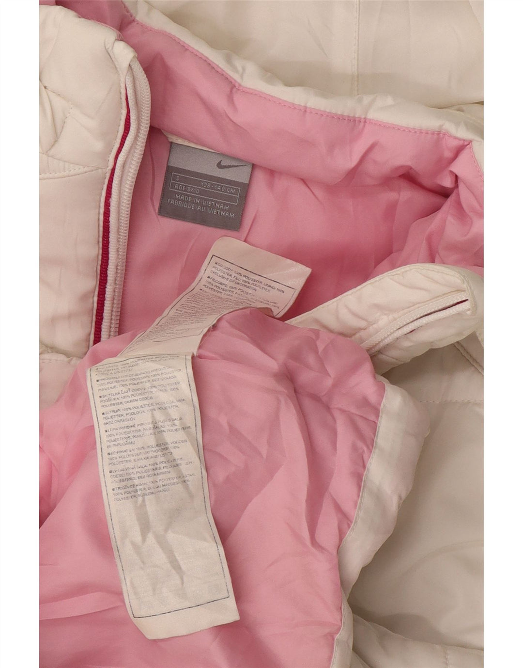 NIKE Girls Hooded Padded Jacket 8-9 Years Small White Polyester