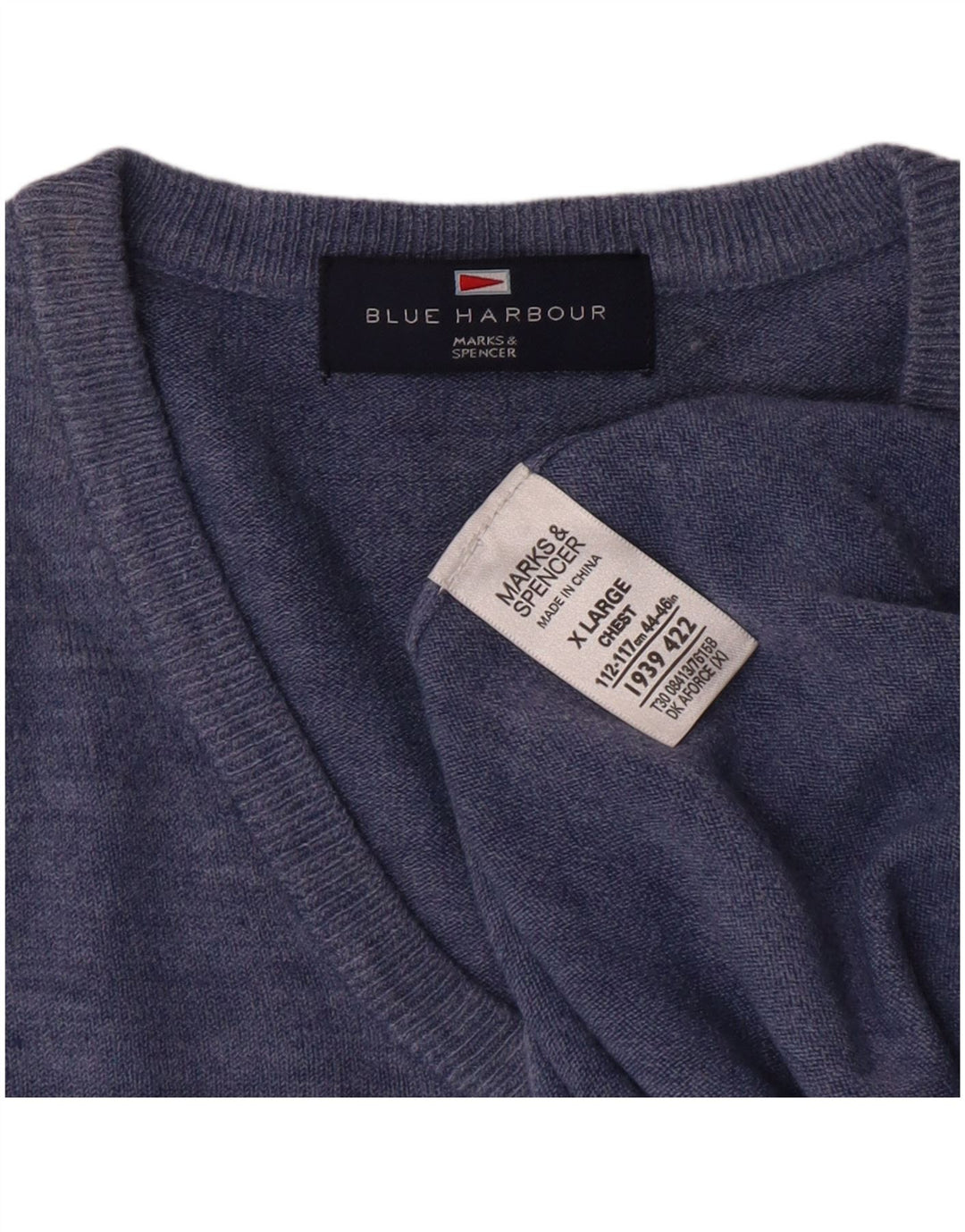 MARKS & SPENCER Mens Blue Harbour V-Neck Jumper Sweater XL Blue Classic