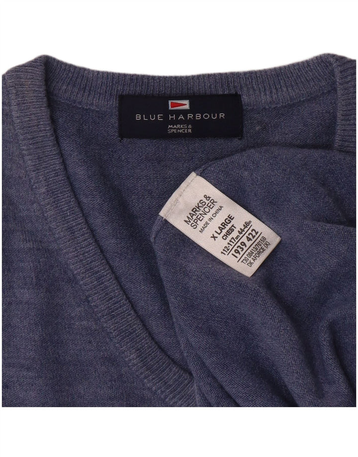 MARKS & SPENCER Mens Blue Harbour V-Neck Jumper Sweater XL Blue Classic
