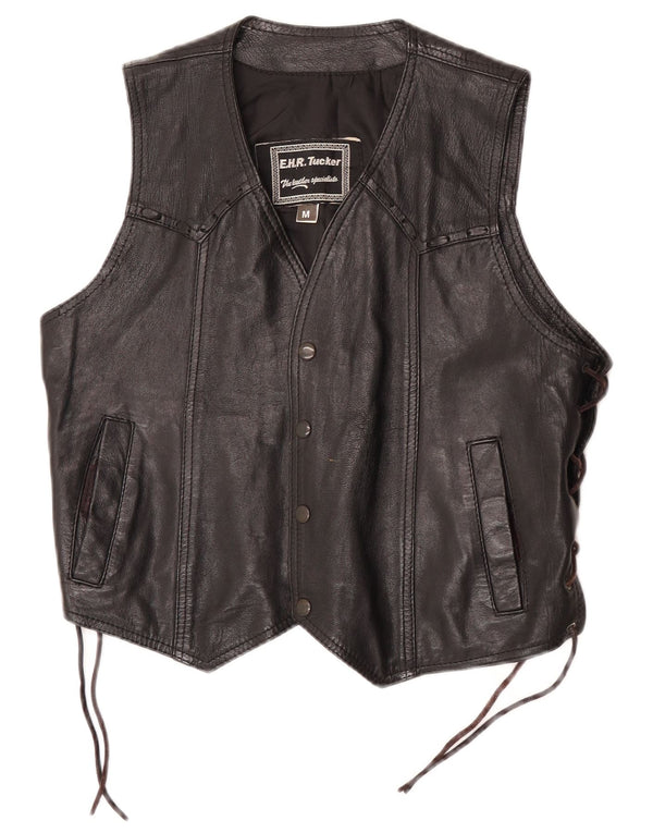 Vintage Mens Leather Waistcoat Medium Black Leather