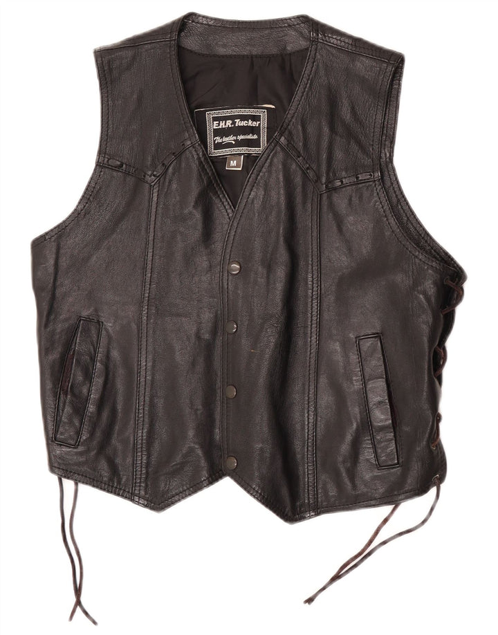 Vintage Mens Leather Waistcoat Medium Black Leather