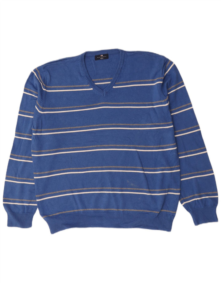 Marks & Spencer Mens Blue Harbour V-Neck Jumper Sweater XL Blue Striped