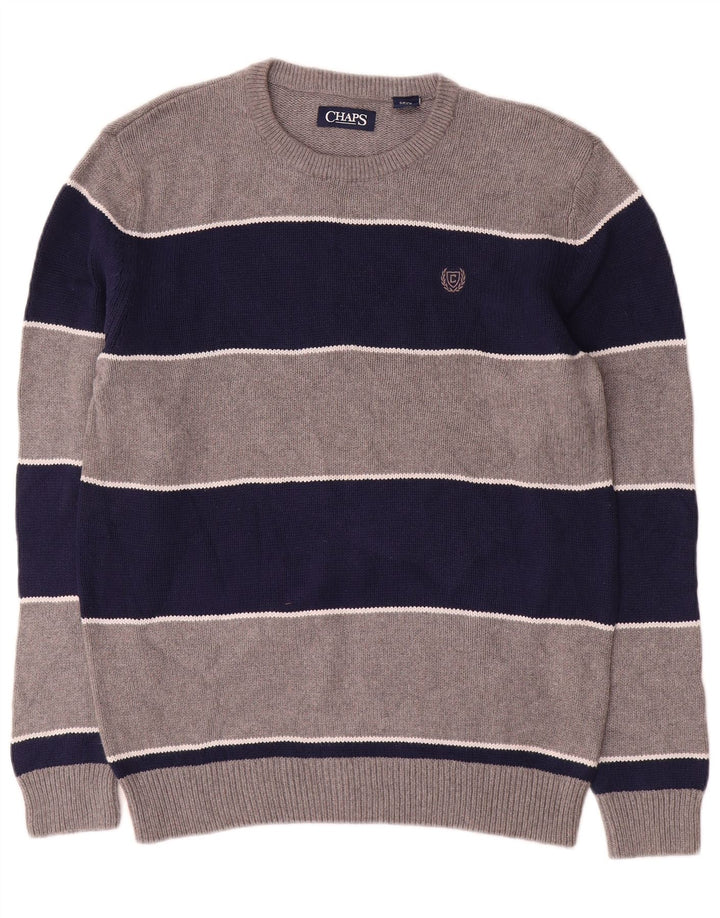 Chaps Mens Crew Neck Jumper Sweater Small Grey Striped Cotton