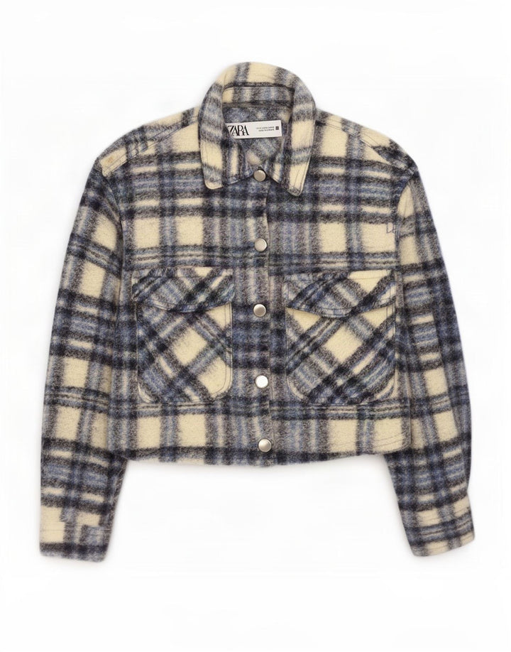 Zara Womens Crop 3/4 Sleeve Oversized Bomber Jacket UK 10 Small Grey Check