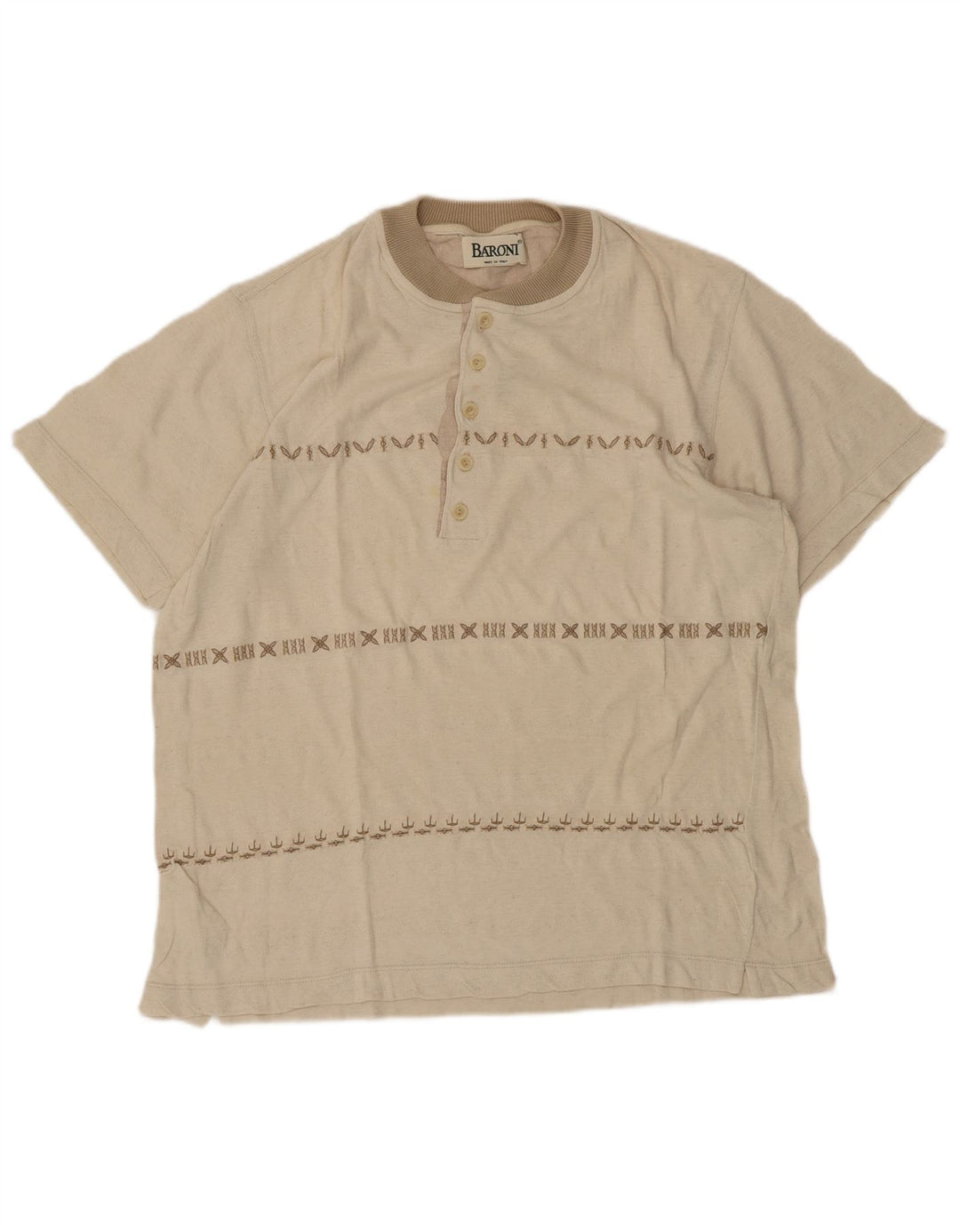 BARONI Mens T-Shirt Top Medium Beige Striped Cotton