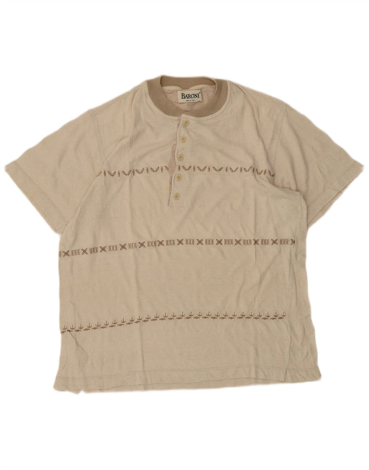 BARONI Mens T-Shirt Top Medium Beige Striped Cotton
