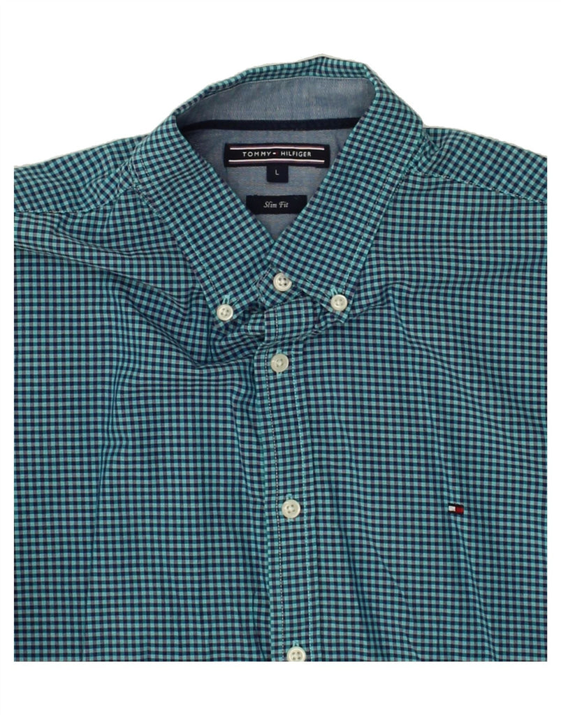 TOMMY HILFIGER Mens Slim Fit Shirt Large Blue Gingham Cotton | Vintage Tommy Hilfiger | Thrift | Second-Hand Tommy Hilfiger | Used Clothing | Messina Hembry 