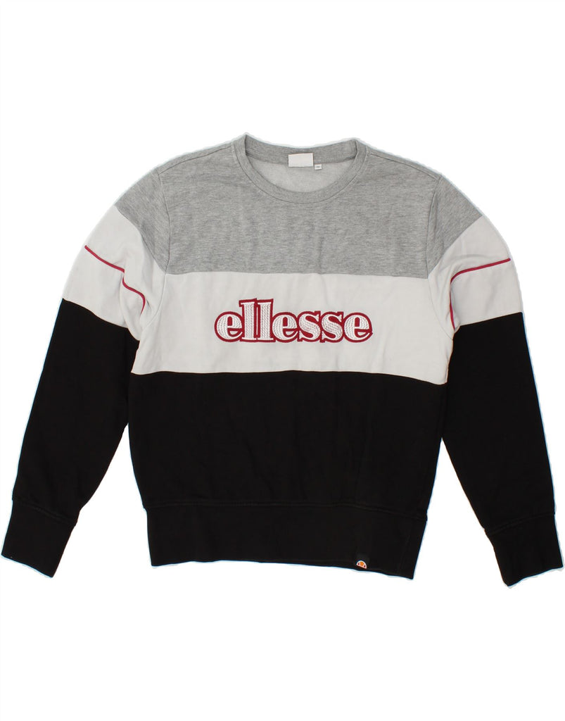 ELLESSE Womens Graphic Sweatshirt Jumper UK 14 Medium Black Colourblock Vintage Ellesse and Second-Hand Ellesse from Messina Hembry 
