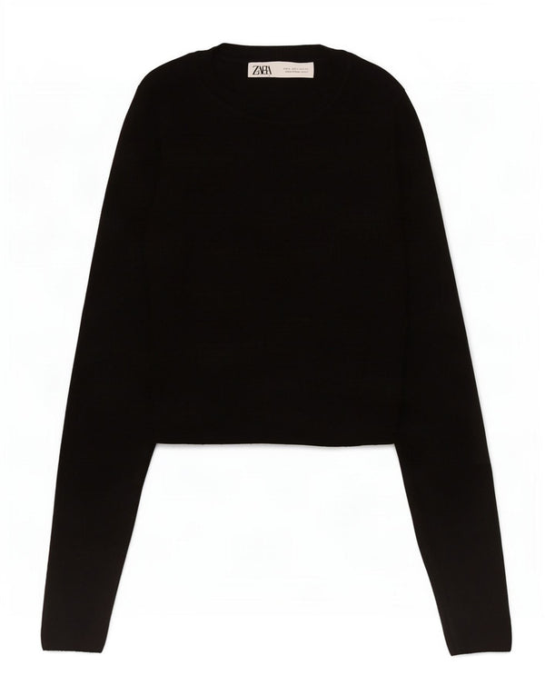 Zara Womens Crop Top Long Sleeve UK 8 Small Black Viscose