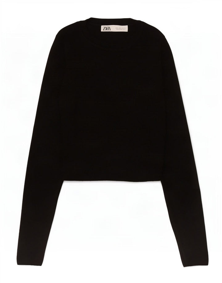 Zara Womens Crop Top Long Sleeve UK 8 Small Black Viscose