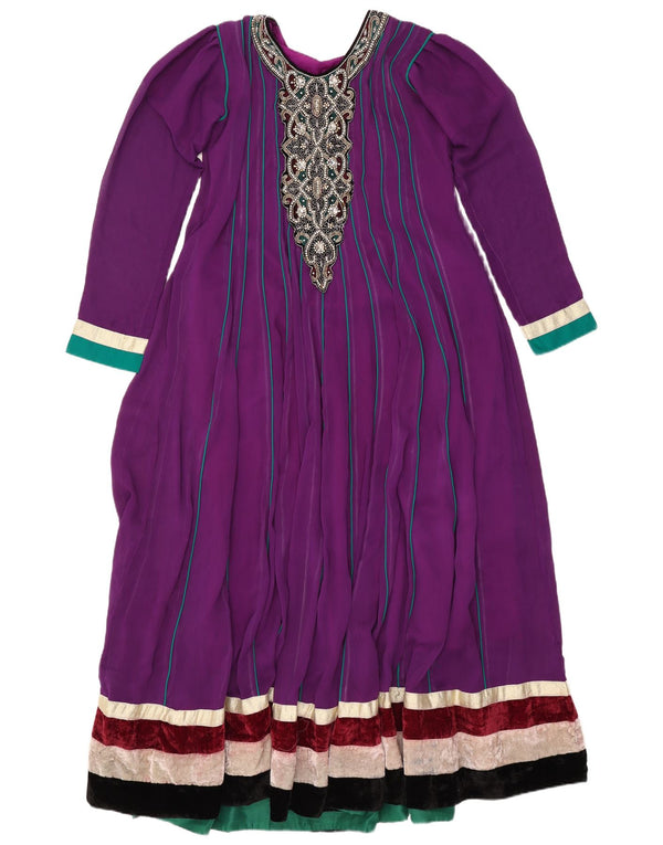 Vintage Womens Long Sleeve Maxi Dress UK 16 Large Purple Colourblock