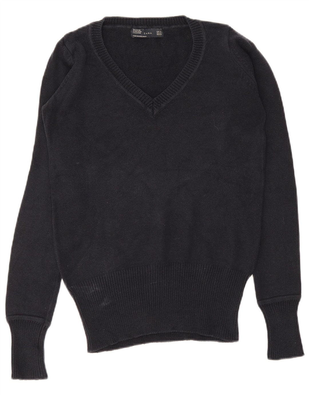 Zara Womens V-Neck Jumper Sweater UK 12 Medium Navy Blue Cotton