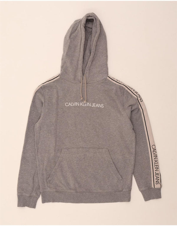 Calvin Klein Jeans Mens Graphic Hoodie Jumper Small Grey Colourblock Cotton