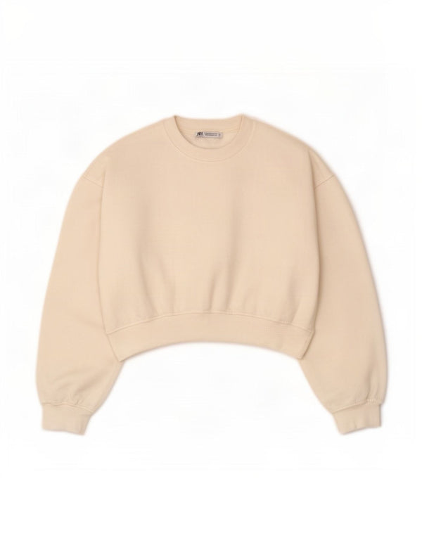 Zara Womens Crop Oversized Sweatshirt Jumper UK 14 Medium White Cotton