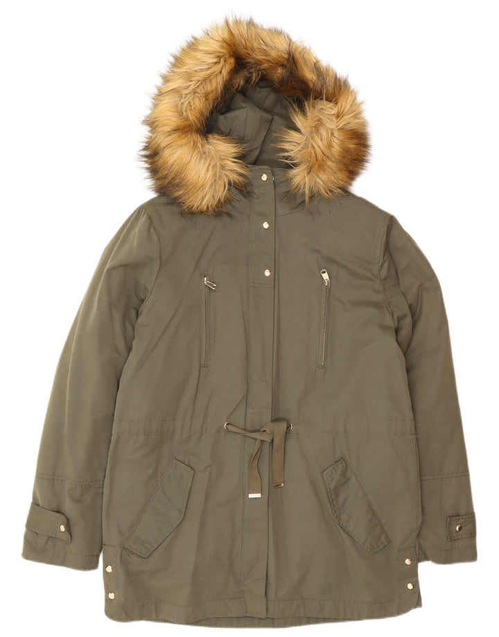 Zara Womens Hooded Oversized Parka Jacket UK 10 Small Khaki Polyester
