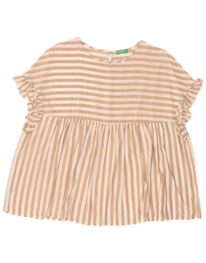 BENETTON Womens Oversized Blouse Top UK 10 Small Beige Pinstripe Lyocell