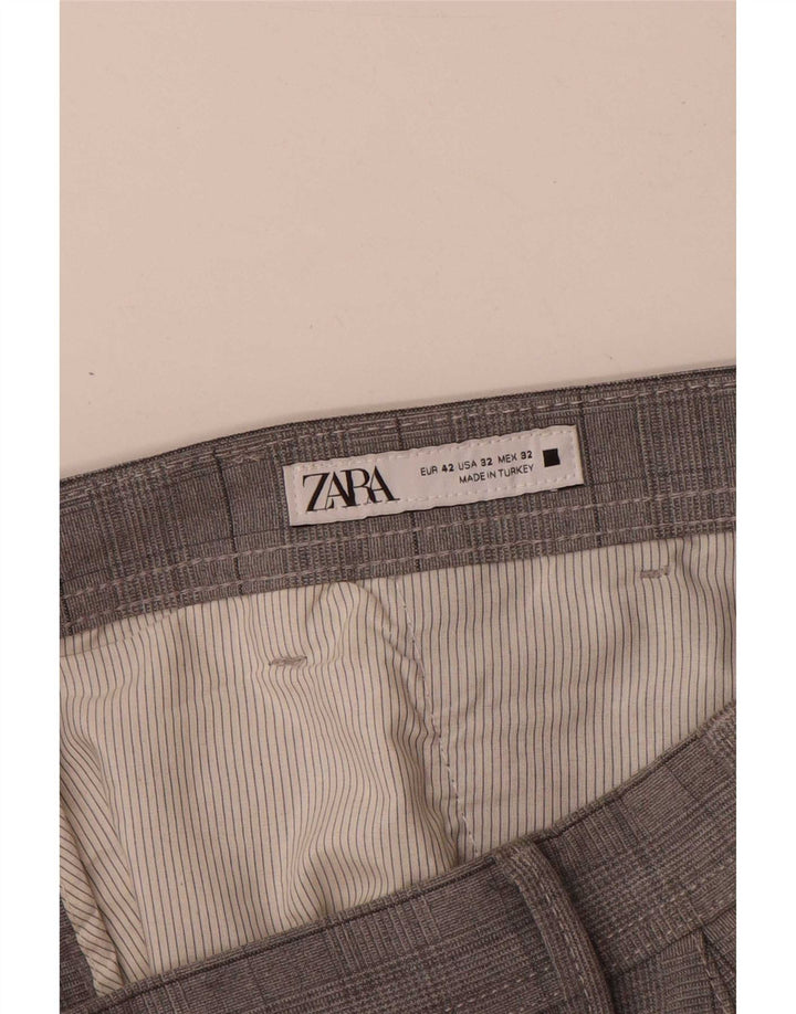 Zara Mens Slim Chino Trousers EU 42 Large W32 L30 Grey Check Polyester