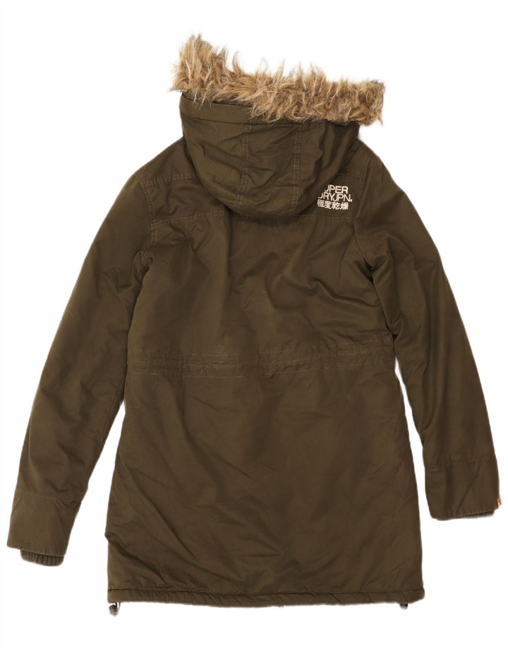 SUPERDRY Womens Graphic Hooded Parka Jacket UK 12 Medium Khaki Cotton