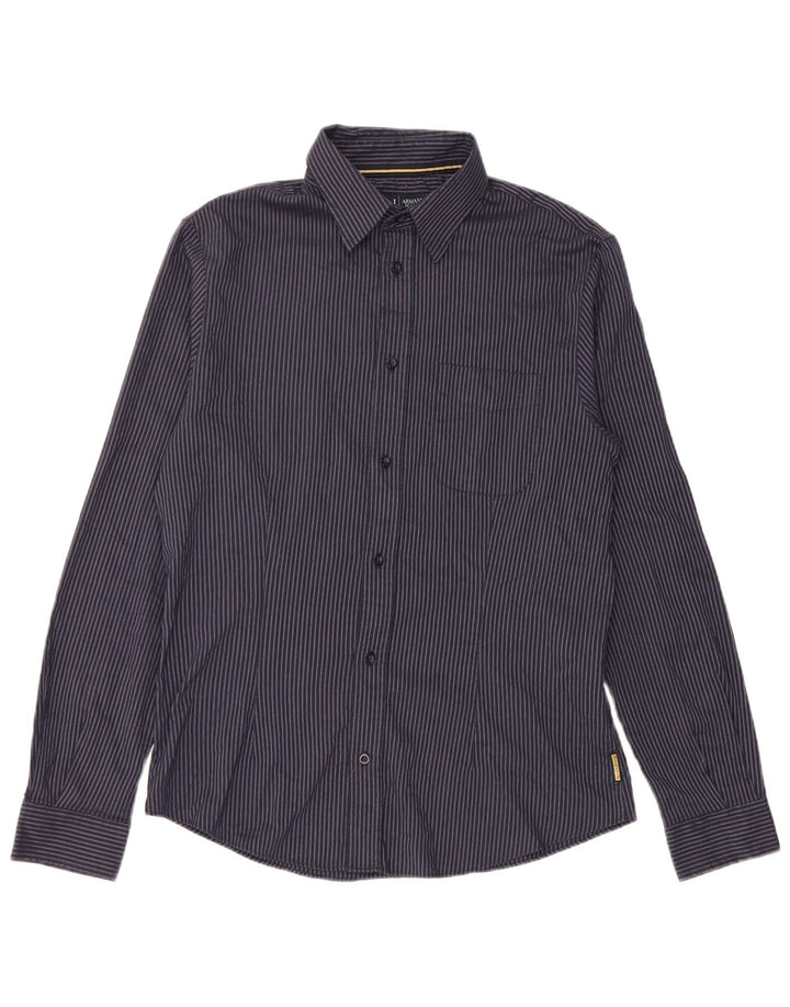 Armani Mens Checked  Regular Fit Shirt Large Navy Blue Striped Polyester