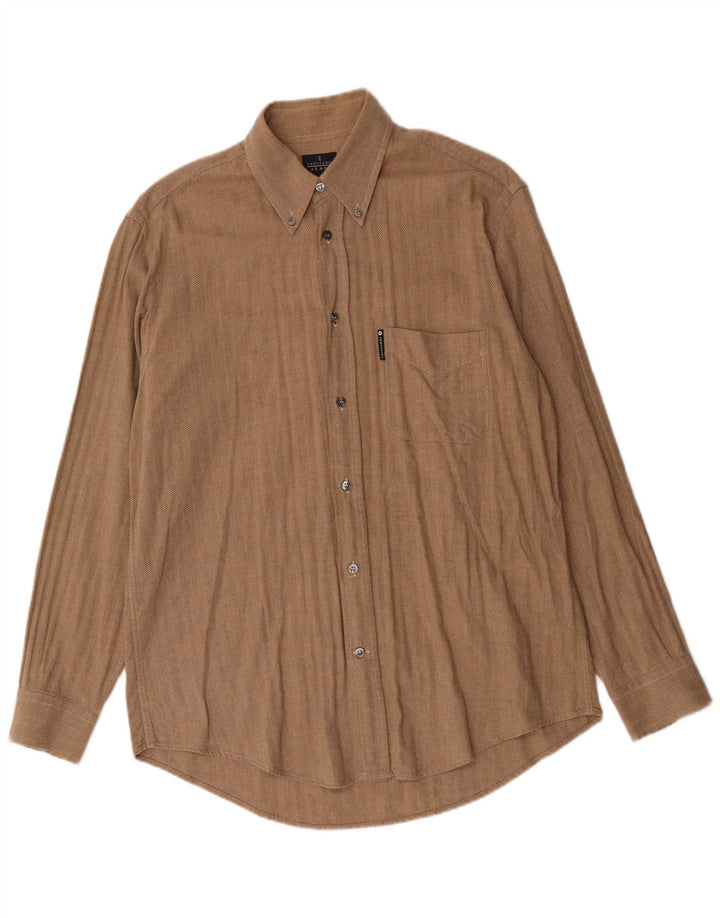 Trussardi Jeans Mens Shirt Large Brown Herringbone Cotton
