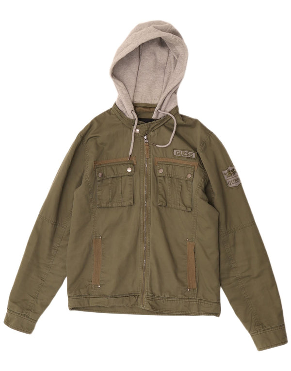 Guess Mens Graphic Hooded Utility Jacket UK 38 Medium Khaki Colourblock