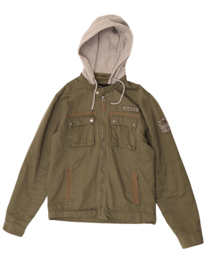 Guess Mens Graphic Hooded Utility Jacket UK 38 Medium Khaki Colourblock