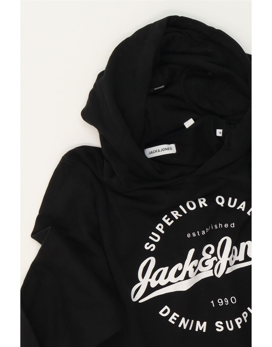 JACK & JONES Mens Graphic Hoodie Jumper Medium Black Cotton Vintage Jack & Jones and Second-Hand Jack & Jones from Messina Hembry 
