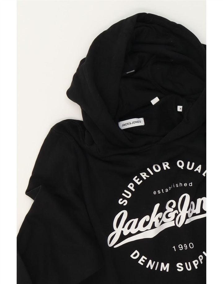 JACK & JONES Mens Graphic Hoodie Jumper Medium Black Cotton Vintage Jack & Jones and Second-Hand Jack & Jones from Messina Hembry 