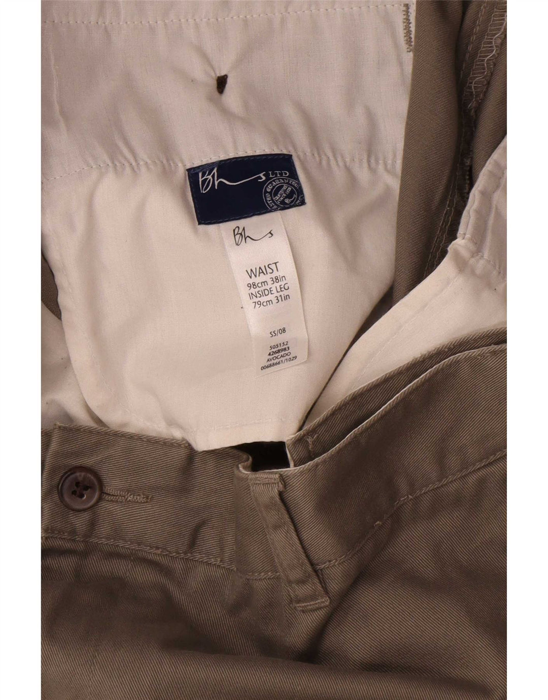 Bhs Mens Straight Chino Trousers W38 L31 Khaki Cotton