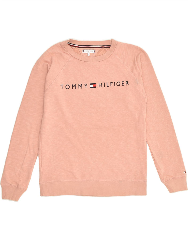 TOMMY HILFIGER Womens Graphic Sweatshirt Jumper UK 6 XS Orange | Vintage Tommy Hilfiger | Thrift | Second-Hand Tommy Hilfiger | Used Clothing | Messina Hembry 