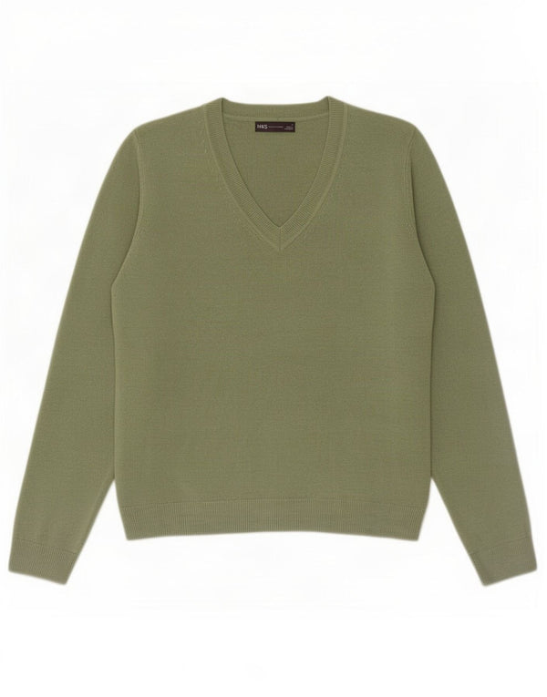 Marks & Spencer Womens V-Neck Jumper Sweater UK 14 Large Khaki Acrylic