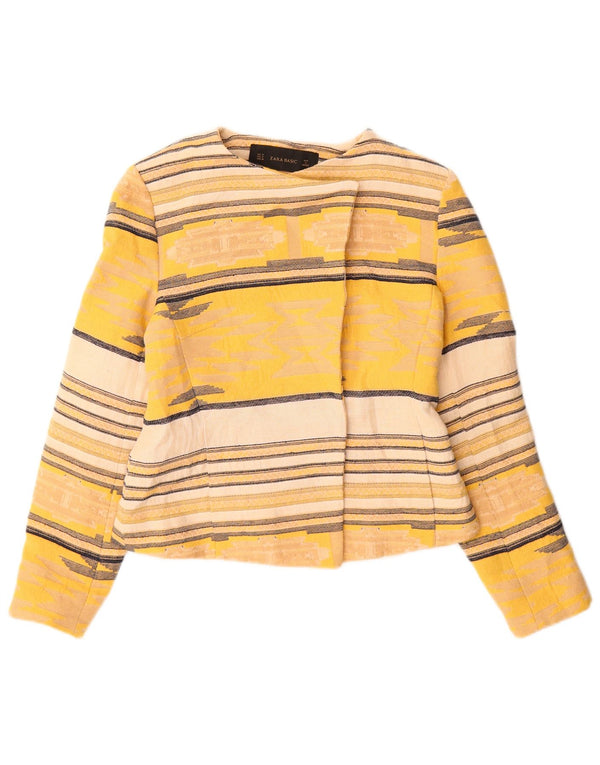 Zara Mens Crop Open Blazer Jacket UK 12 Medium Yellow Striped Cotton