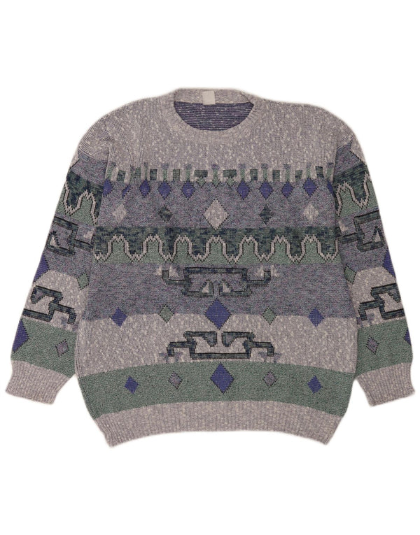 Vintage Mens Crew Neck Jumper Sweater Large Blue Geometric