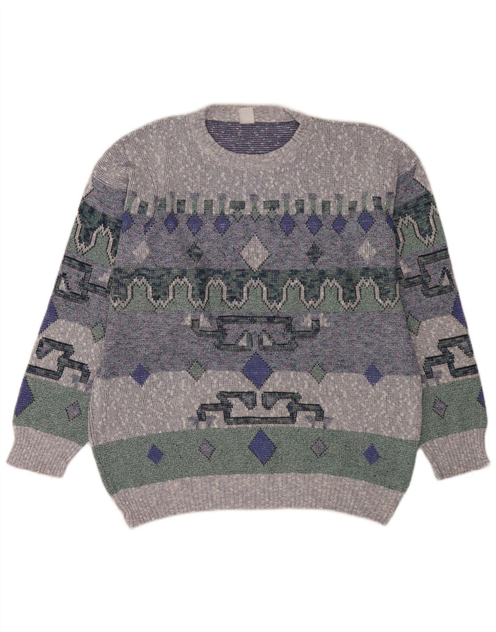 Vintage Mens Crew Neck Jumper Sweater Large Blue Geometric
