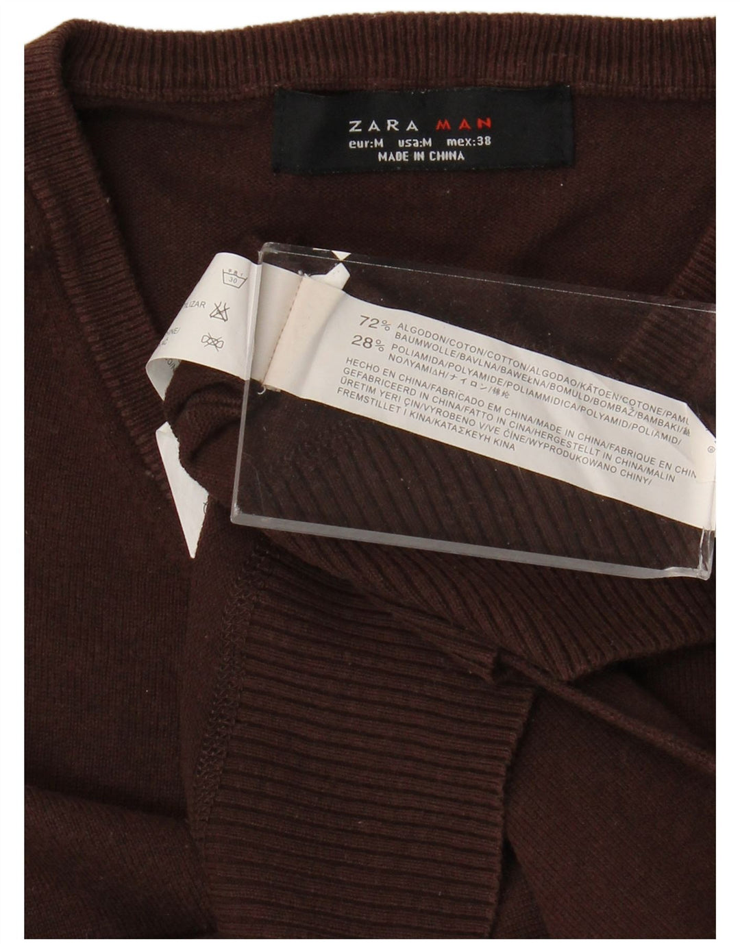 Zara Mens V-Neck Jumper Sweater Medium Brown Cotton