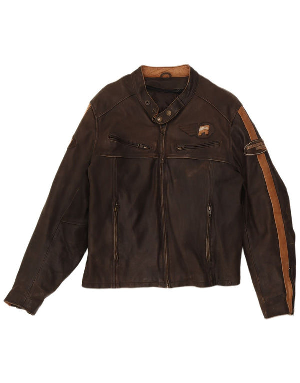 Redskins Mens Motorstyle Leather Biker Jacket UK 40 Large Brown Colourblock