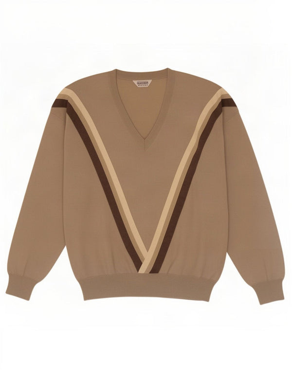 Masque Mens V-Neck Jumper Sweater XL Beige Striped Virgin Wool