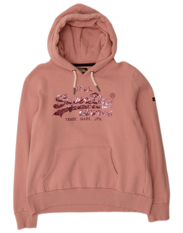 Superdry Womens Graphic Oversized Hoodie Jumper UK 16 Large Pink Cotton