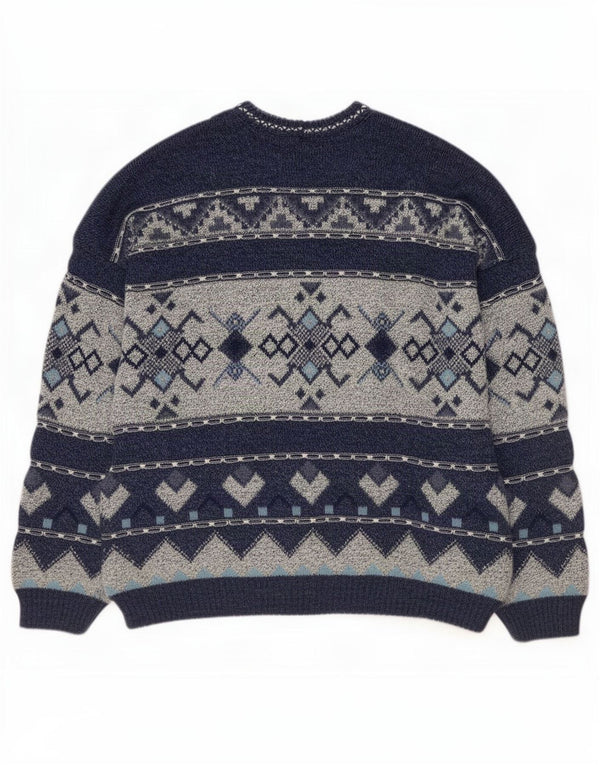 Vintage Mens Crew Neck Jumper Sweater UK 42/44 Large Navy Blue Fair Isle