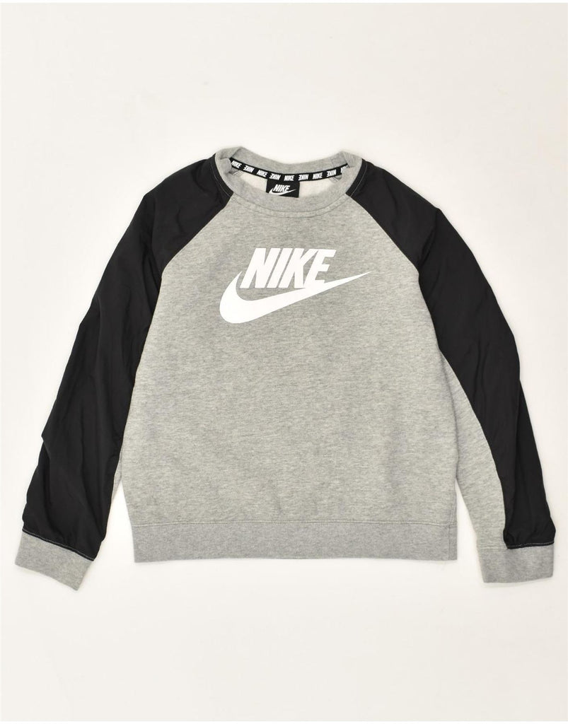 NIKE Boys Graphic Sweatshirt Jumper 10-11 Years Medium Grey Colourblock | Vintage Nike | Thrift | Second-Hand Nike | Used Clothing | Messina Hembry 