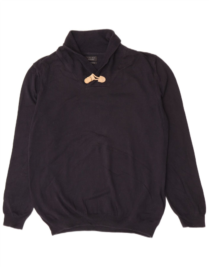 Zara Mens Shawl Neck Jumper Sweater Large Navy Blue Cotton