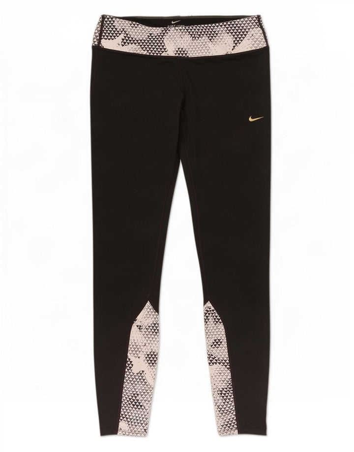 Nike Womens Dri Fit Leggings UK 14 Medium Black Geometric Polyester