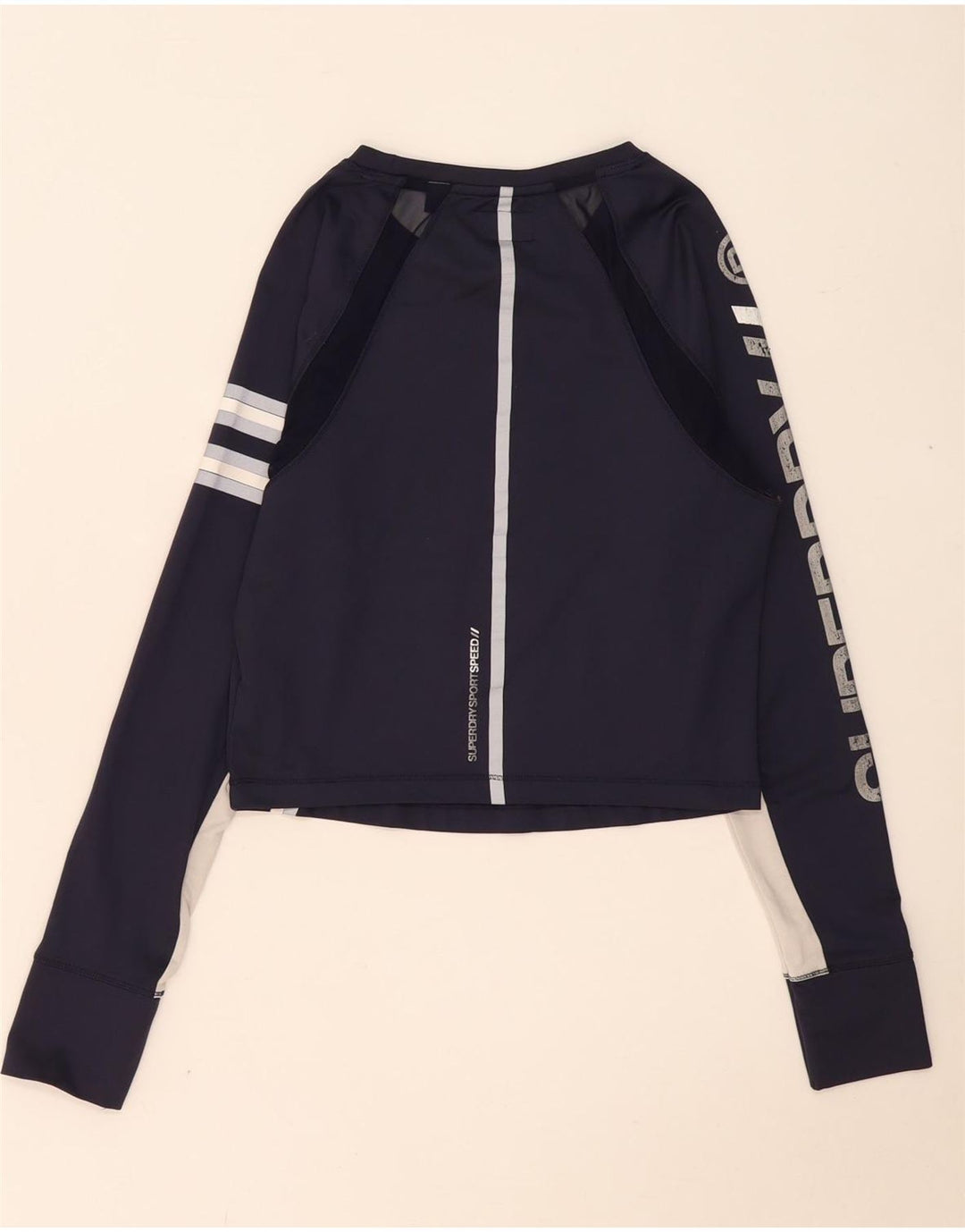 Superdry Womens Graphic Top Long Sleeve UK 12 Medium Navy Blue Colourblock