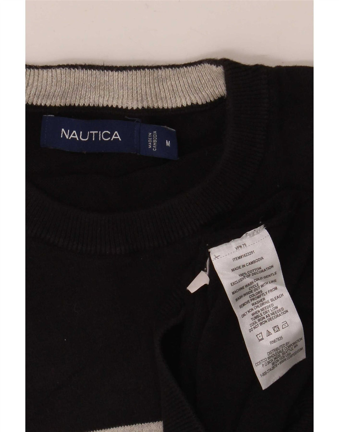 Nautica Mens Crew Neck Jumper Sweater Medium Black Striped Cotton
