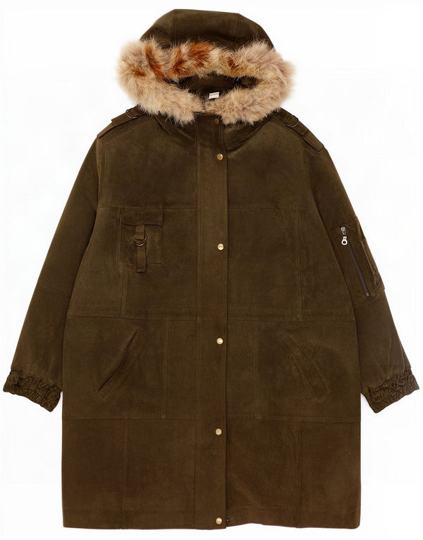 Vintage Womens Hooded Suede Parka Jacket UK 24 4XL Khaki Leather