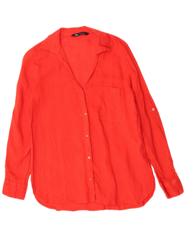 Zara Womens Long Sleeve Regular Shirt UK 14 Medium Red Linen
