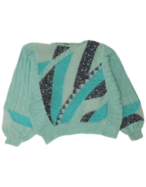 Vintage Womens Boat Neck Jumper Sweater UK 16 Large Turquoise Geometric